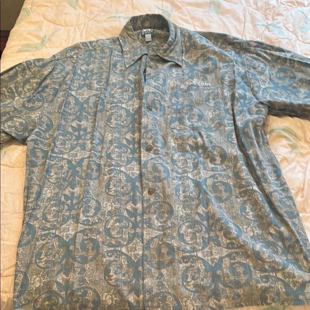 Bone Soul teal and tan floral short sleeve rayon button down, large